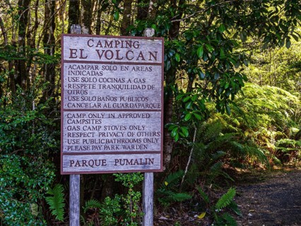 Signpost of campsite El Volcan, Park Pumalin, parque Pumalin, Carretera Austral, Chile, South