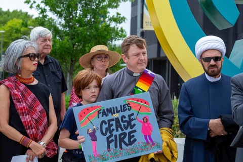 Detroit, Michigan USA, 15 July 2024, Interfaith leaders gathered at Wayne State University to rally