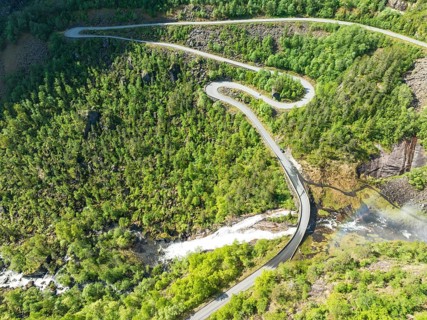 Aerial view of waterfall Skjervsfossen, near Granvin, Hardanger, Norway, Europe