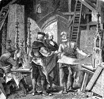 Master builder in the Middle Ages, craft, carpenter, stonemason, compass, ladder, interior, church