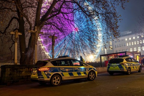 Police patrol in the pre-Christmas period, Christmas market in the city centre of Essen, police car