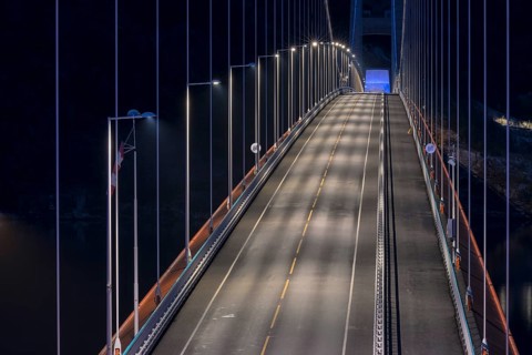 Bridge Hardangerbrua at night, Hardangerbridge, over the Eidfjord, a branch of the Hardangerfjord,