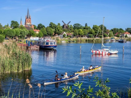 Havel cycle route, village Werder, peninsula with church and old mill, old city center at river