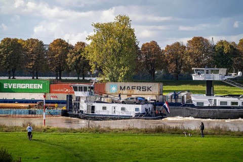 Container freighter Balance on the Rhine at Düsseldorf-Hamm, Rheinauen, North Rhine-Westphalia,
