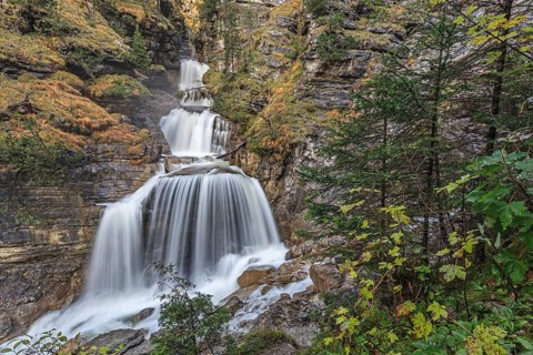 Waterfall in a gorge, cascades, autumn, Kuhflucht waterfall, near Oberau, Alpine foothills,