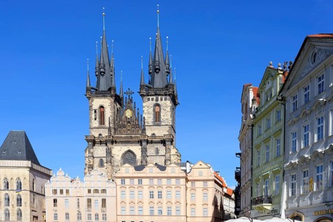 Towers of the Mother of God before Tyn Church, Old Town Square, Prague, Bohemia, Czech Republic,