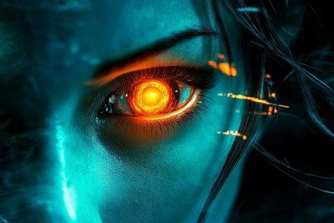 Conceptual symbolism of artificial Intelligence represented by a human face with a glowing orange