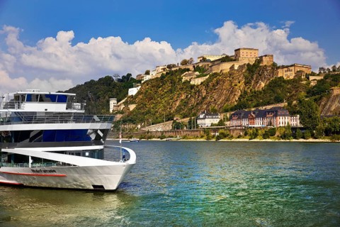 Excursion boat on the Rhine with Ehrenbreitstein Fortress, Koblenz, Rhineland-Palatinate, Germany,
