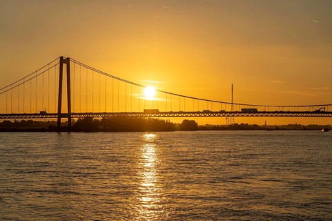 The Emmerich Rhine Bridge, federal road B220, evening light, at 803 m the longest suspension bridge