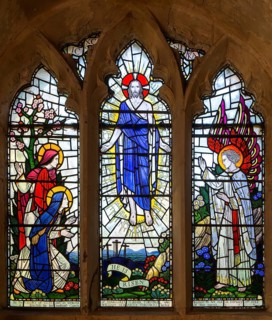 Stained glass window of Resurrection church of Saints Peter and St Paul, Kedington, Suffolk,