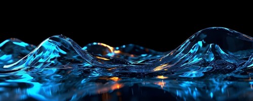 Glassy waves shimmering with vibrant reflections against a black backdrop, AI generated
