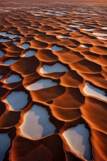 Aerial perspective of a salt and clay pan revealing the intricate patterns of its broken surface,