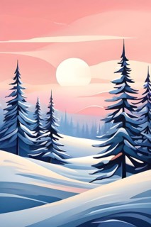 Abstract winter wonderland with minimalist stylized pine trees and snowdrifts using soft pastel