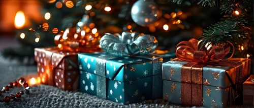 Beautiful wrapped Christmas gifts with shiny ribbons and bows stacked under a evergreen tree in a