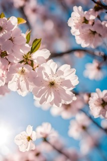 Blooming cherry blossoms with soft pink petals against a clear blue sky, with delicate sunlight