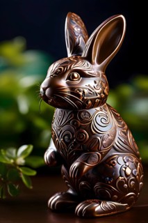Easter bunny figurine made of chocolate, with a soft focus on intricate patterns and glossy