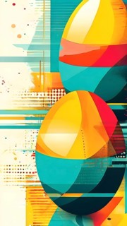 Abstract Easter egg design with geometric patterns, bold colors, and a mix of textures, creating a