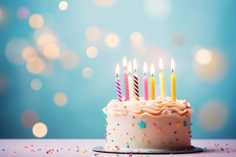 Birthday cake with candles on blue background. KI generiert, generiert, AI generated
