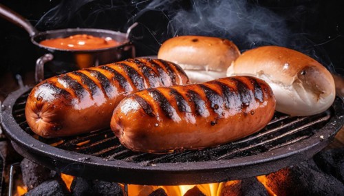 Food, dishes, two sausages on a charcoal grill with glowing charcoal, AI generated, AI generated