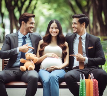 Two young men pointing at a pregnant woman, symbolic image, fatherhood, pregnancy, AI generated, AI