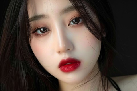 Portrait of beautiful young Asian woman with dark long hair and red lips. Generative AI, AI