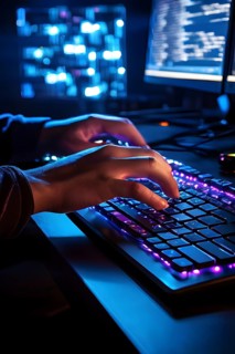 AI generated close up photo capturing hackers hands over an illuminated keyboard