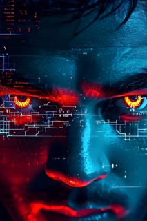 AI generated close up on security camera cyber hackers face digitally imposed on the lens