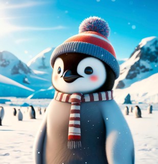 A penguin with scarf and cap in the ice of Antarctica, AI generated, AI generated