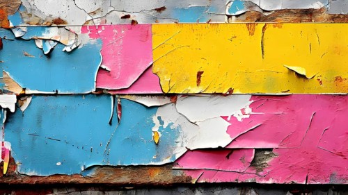 Grunge ripped torn placard posters background in white, pink, blue and yellow colors, AI generated