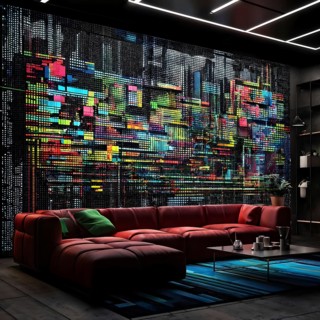 Abstract 3d pixel art technology themed pattern featuring random mosaic in vibrant hues in a living