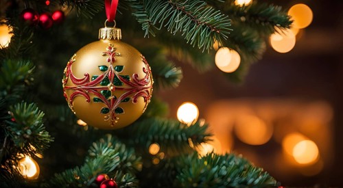 Christmas ornament hanging on a tree, with reflections of twinkling lights and fireplace flames