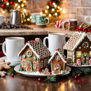Kitchen counter filled with Christmas cookies, gingerbread houses, and mugs of hot chocolate, with