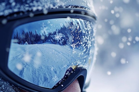 Close up of person's face with large skiing sunglasses with snow in winter. Generative Ai, AI