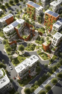 3d model render showcasing an urban neighborhood boasting ecological zero waste infrastructure with
