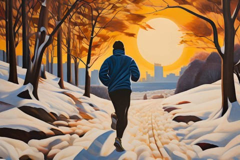 Wallpaper illustration of a jogger running through a park in winter with snow covered trees, AI