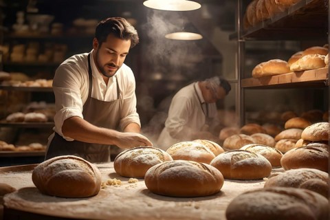 Fresh loaves of bread dominate the foreground of an industrial bakery, AI generated