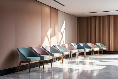 Minimalist styled waiting room with an ordered row of chairs lined up, AI generatedminimalist