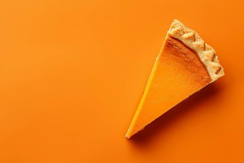 Top vie of single slice of pumpkin pie on orange background with copy space. Generative Ai, AI