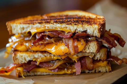 Grilled cheese sandwich with gooey cheddar, caramelized onions, and crispy bacon on toasted bread.