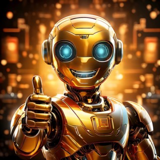 Friendly smiling golden robot with a thumb up symbolizing artificial intelligence, AI generated