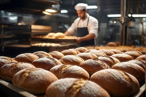 Fresh loaves of bread dominate the foreground of an industrial bakery, AI generated