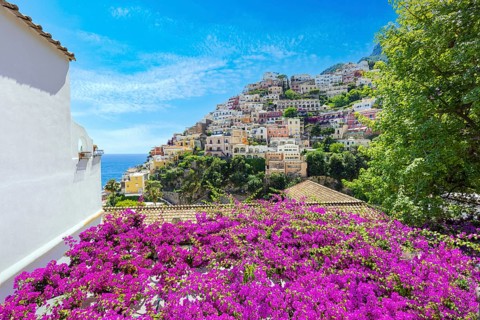 Scenic views of Positano Italian colorful architecture and landscapes on Amalfi Coast in Italy