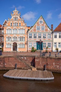 Gabled houses and old half-timbered houses with the harbour basin of the Old Hanseatic Harbour