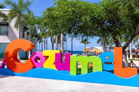 Big Cozumel Letters at the central plaza of San Miguel de Cozumel near ocean Malecon and Cancun