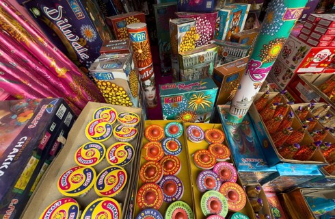 Various firecrackers displayed for sell at a market on the eve of Diwali, the Hindu festival of