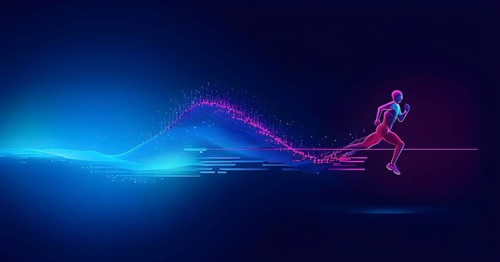 Illustration of a wave of vibrant data points shaping into a runner silhouette, conveying speed and