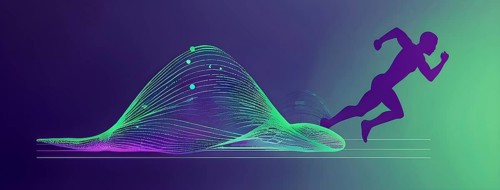 Illustration of a wave of vibrant data points shaping into a runner silhouette, conveying speed and