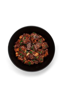 Bulgogi, with mushrooms, with sesame seeds and green onions, Korean cuisine, homemade, no people