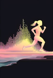 Illustration of a wave of data points shaping into a female runner silhouette, red and yellow