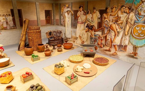 Display of Aztec foods and market, archaeological site and museum of Templo Mayor, Mexico City,